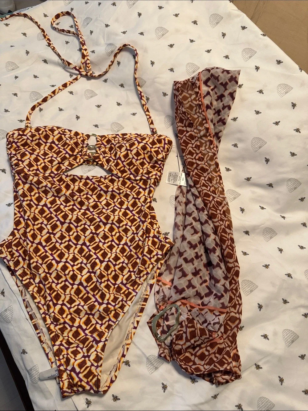 Geometric One-Piece Swimsuit in Maroon & Mustard XS (0-2) with matching cover up